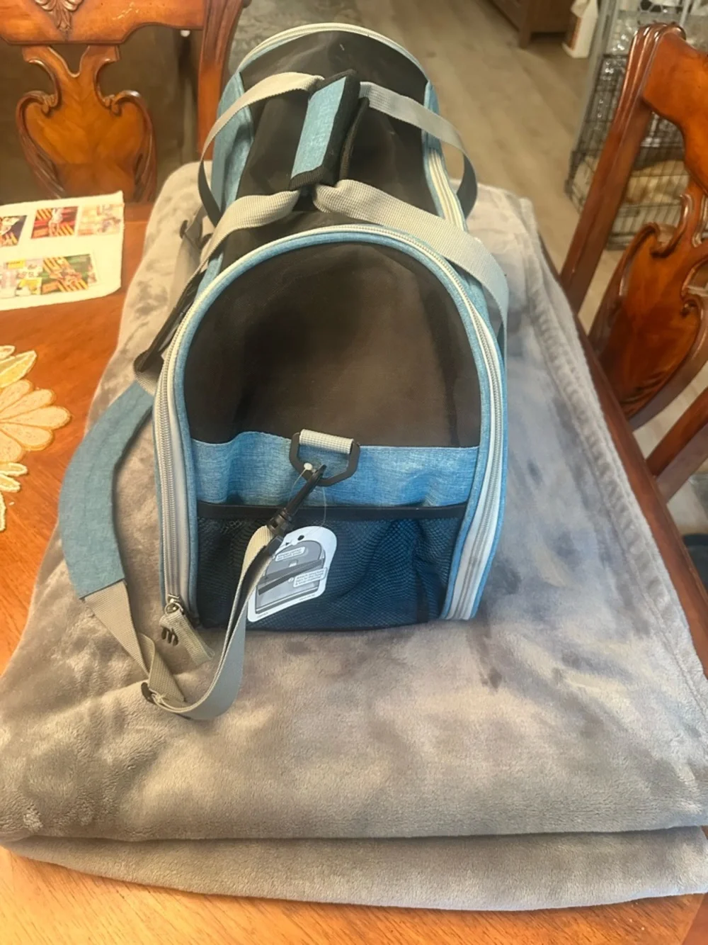Blue Soft-Sided Pet Carrier with Gray Straps